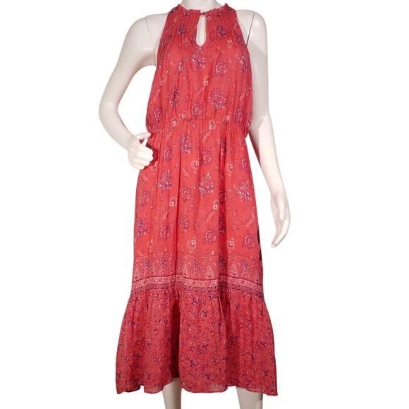 Joie Silk Midi Dress Red Floral Boho Tiered Keyhole Lined | Size M - Picture 1 of 6